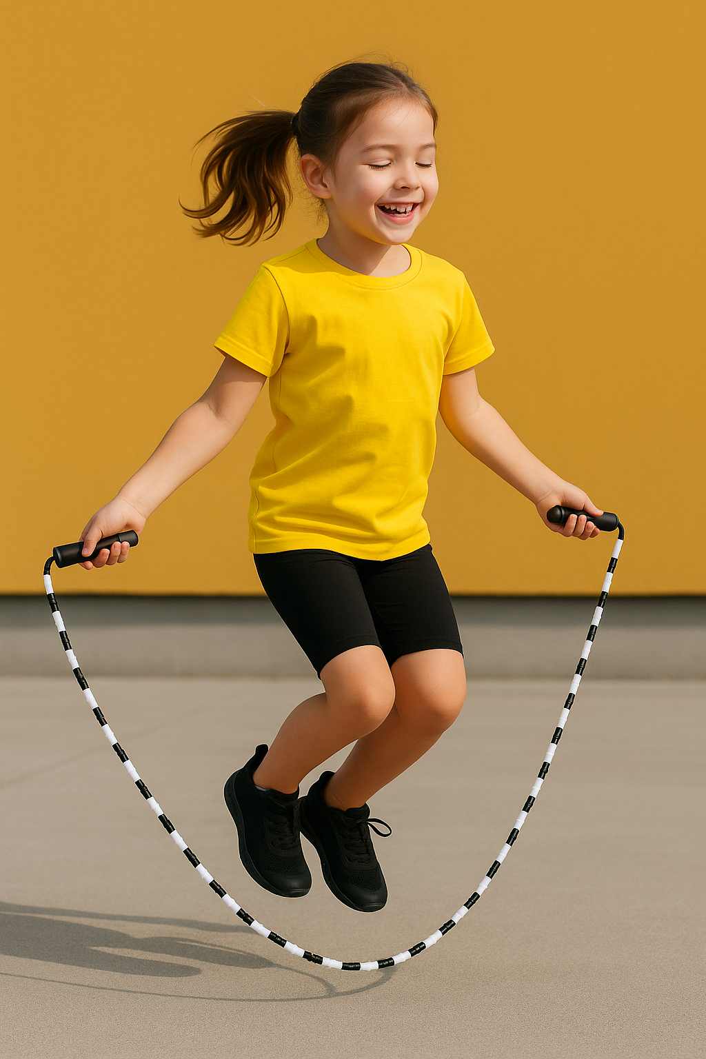 Jeune enfant jouant avec une corde à sauter perlée dans un parc, activité ludique et bénéfique pour la coordination.